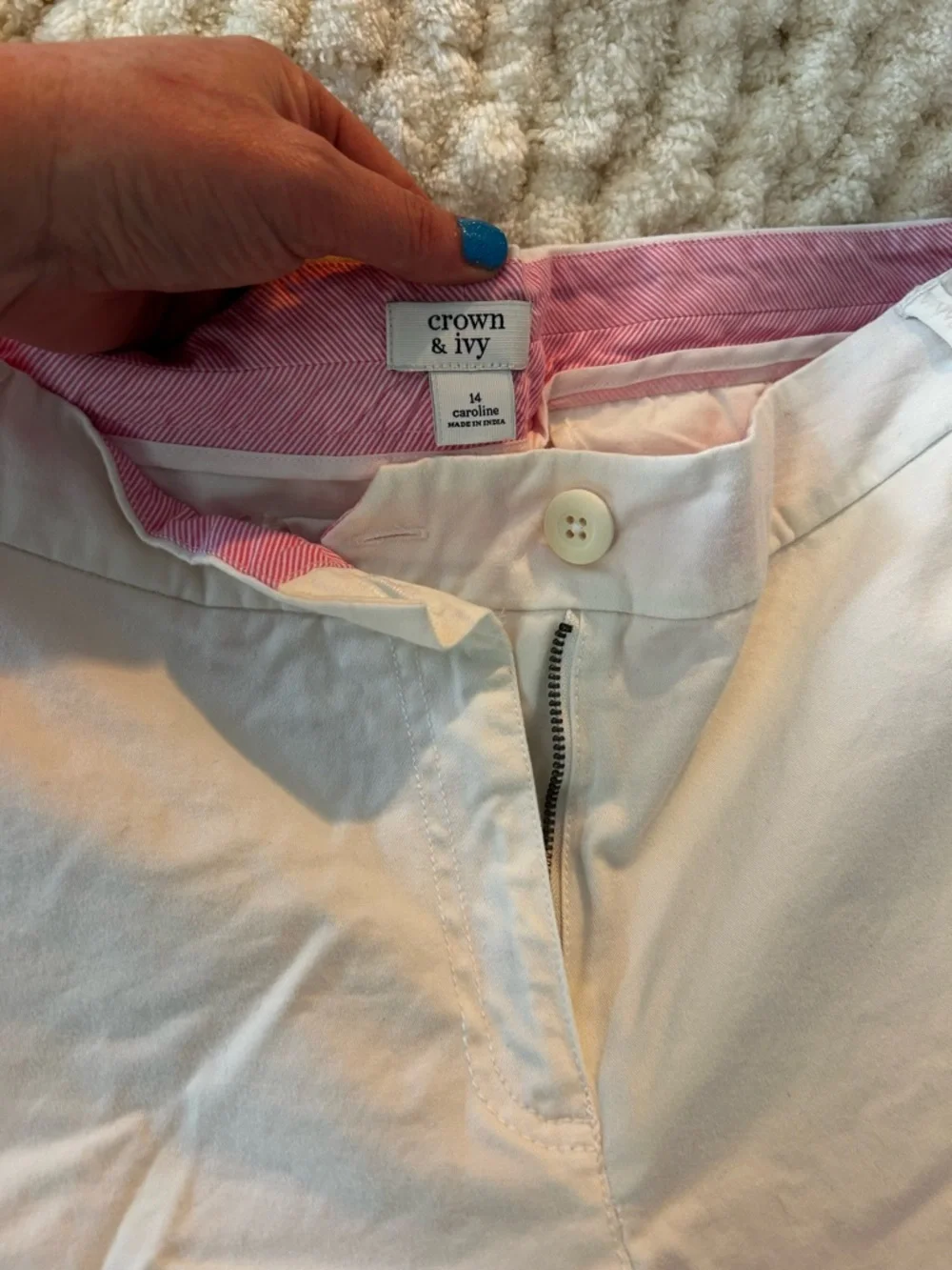 crown & ivy White Women's Chino Bermuda Shorts with Pink Waistband Lining - Picture 2 of 4